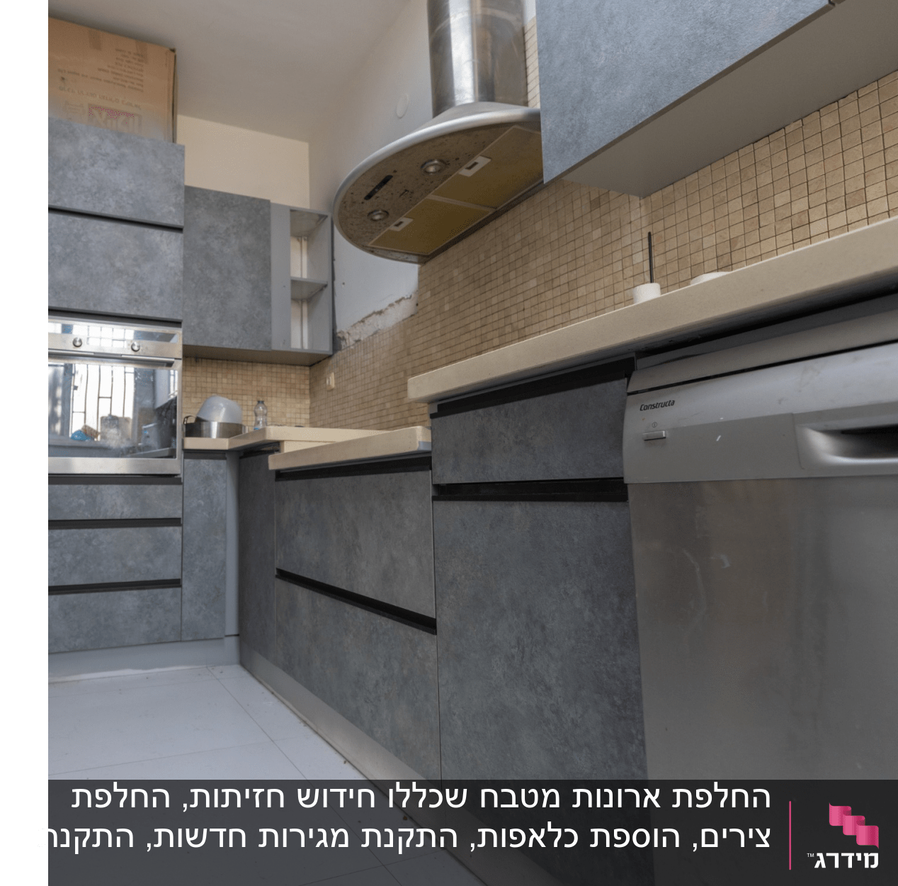 מטבח עם ארונות אפורים ומכשירי חשמל